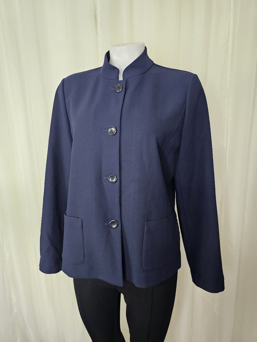 Talbots Navy Blue Mandarin Collar Luxe Knit Button-Front Blazer Jacket 8